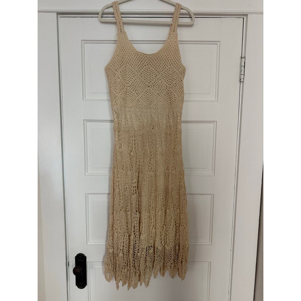 Dotti Crochet Knit Midi Dress Beige Boho Cotton Lace Festival Coastal NWT